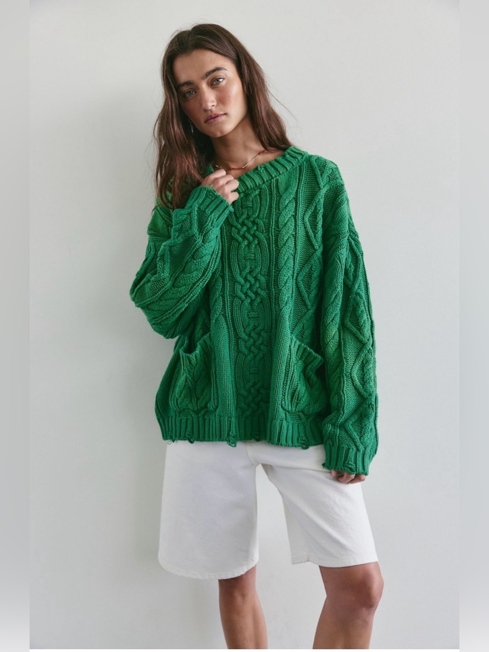 Free People Found Cable Knit Sweater 🍀 Faded Green NWT